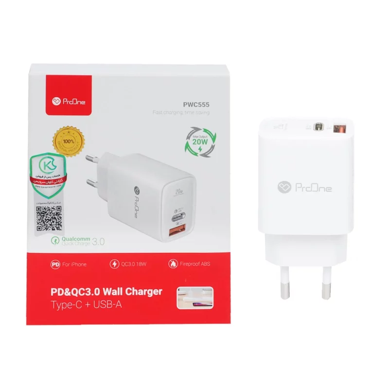 شارژر دیواری 20 وات فست و PD دو پورت ProOne مدل PWC555 - سفید - تصویر 2