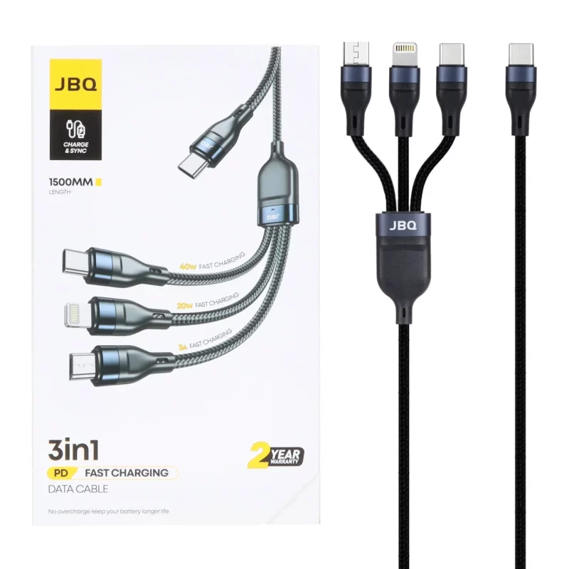 کابل شارژ 1.5 متری فست و PD سه کاره JBQ مدل CA-533 - مشکی (گارانتی یکساله رصاصی) - تصویر 2