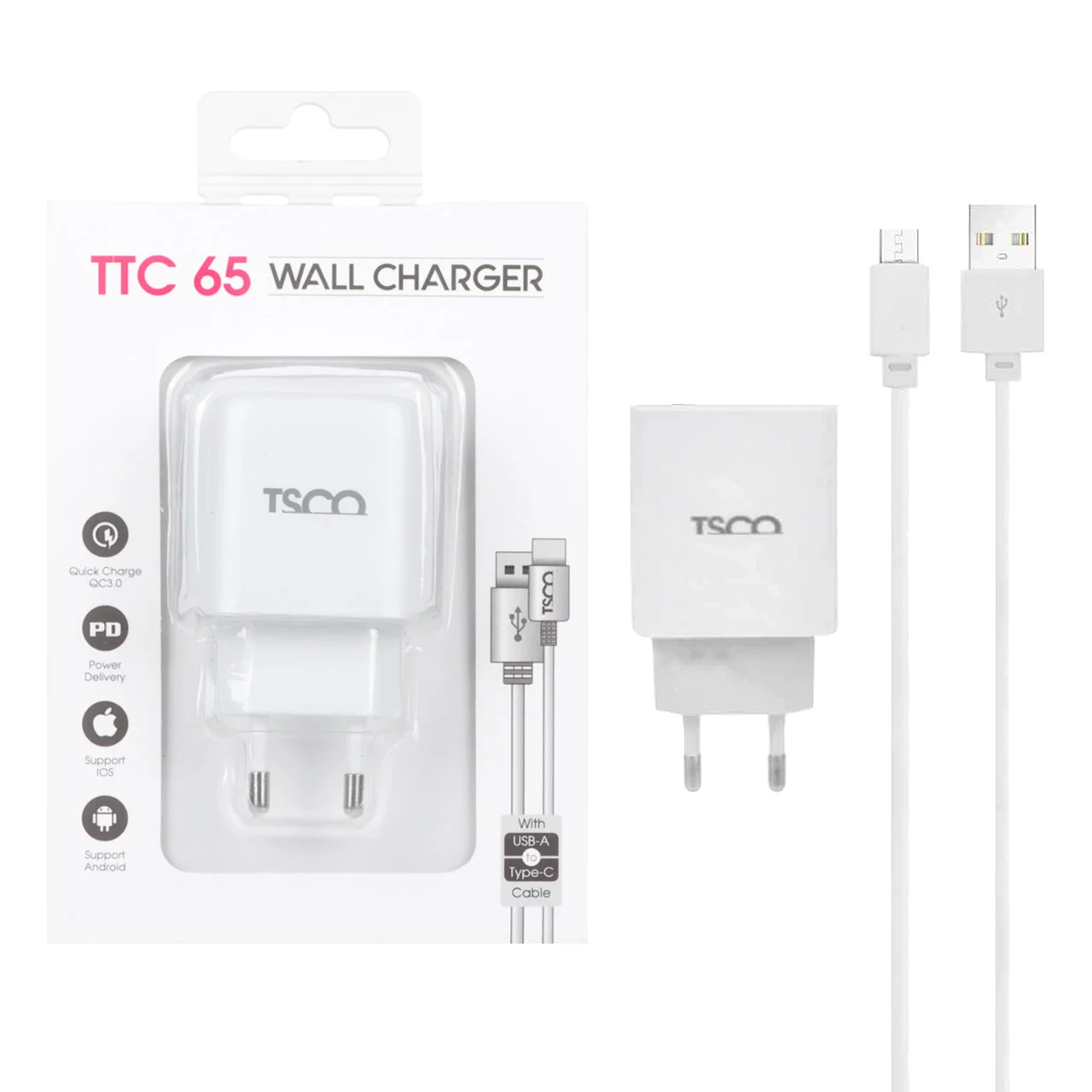 1587-1101396-1 شارژر دیواری PD و فست دو پورت 20 وات TSCO مدل TTC 65 همراه با کابل شارژ TYPE-C - سفید - تصویر 1