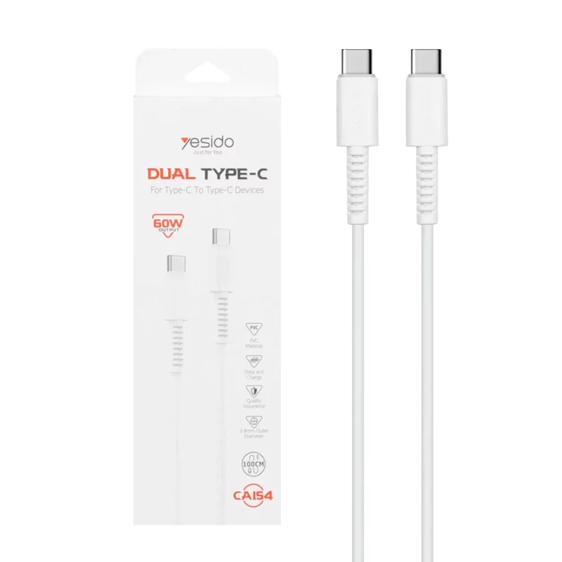 کابل شارژ فست Yesido Type-C to Type-C مدل CA154 - سفید (گارانتی 18 ماه تعویض نیکان همراه) - تصویر 2