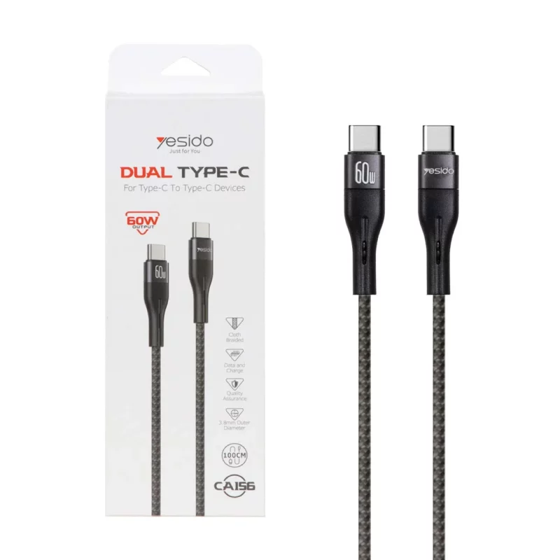 کابل شارژ فست Yesido Type-C to Type-C مدل CA156 - مشکی (گارانتی 18 ماه تعویض نیکان همراه) - تصویر 2