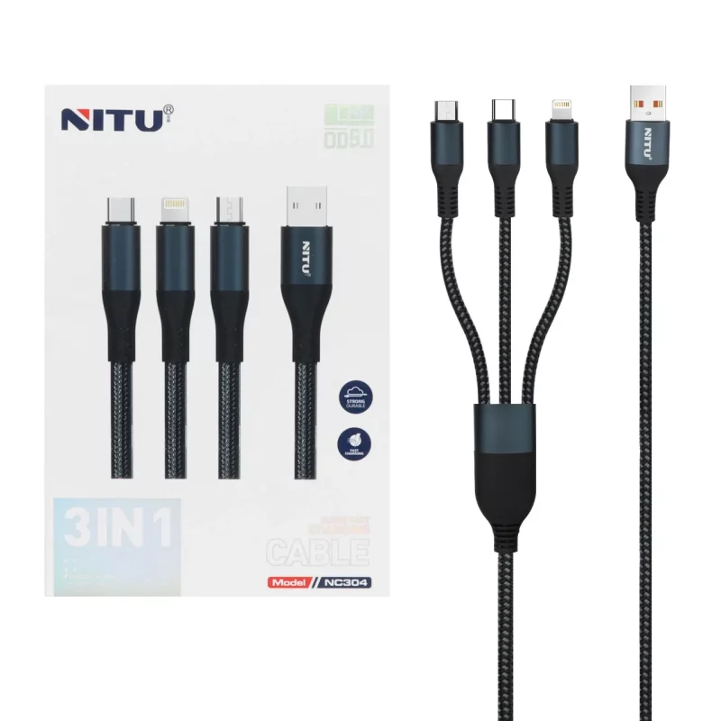کابل شارژ و دیتا فست کنفی سه کاره Nitu مدل NC304 - سرمه ای (گارانتی 18 ماه تعویض نیکان همراه) - تصویر 2