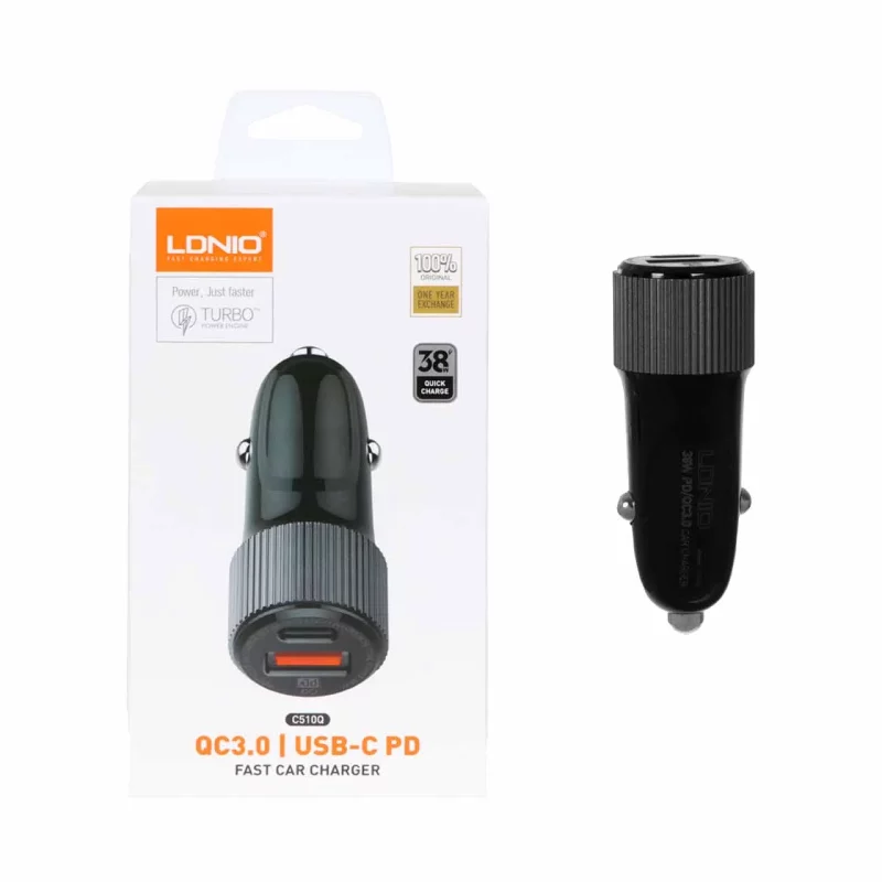 شارژر فندکی فست و PD دو پورت LDNIO مدل C510Q 38W به همراه کابل شارژ Type-C to Type-C - مشکی - تصویر 2