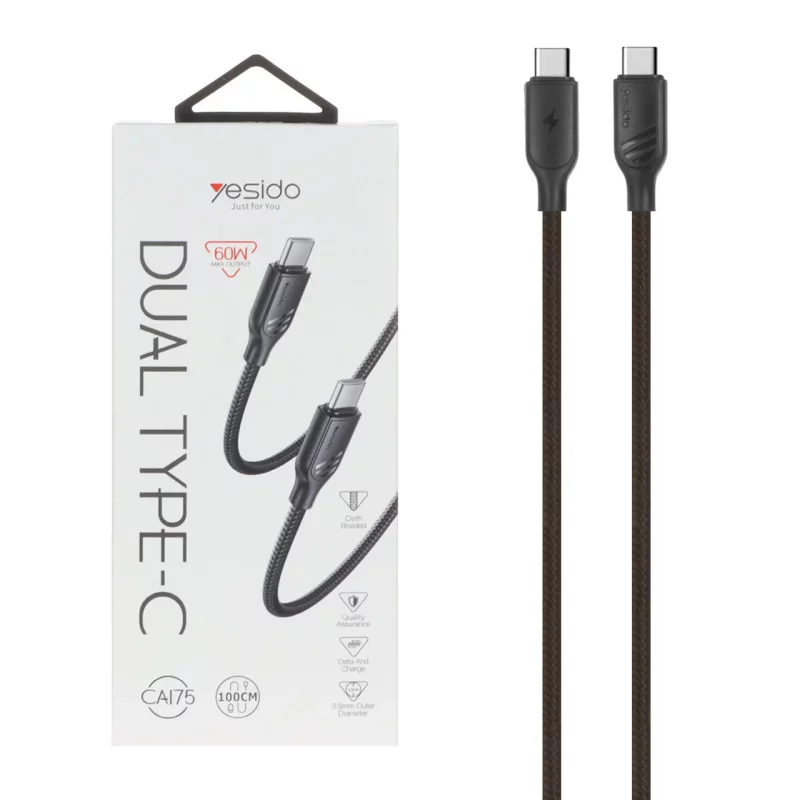 کابل شارژ فست yesido Type-C To Type-C مدل CA175 - مشکی (گارانتی 18 ماه تعویض نیکان همراه) - تصویر 2