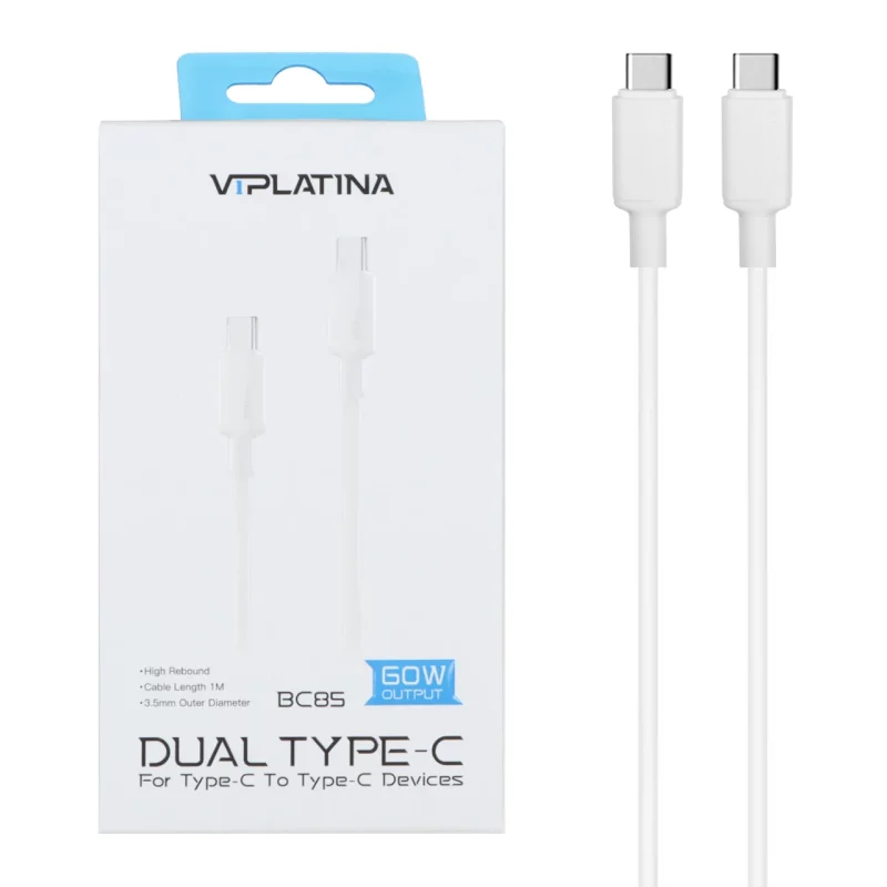کابل شارژ فست VIPLATINA Type-C To Type-C مدل BC85 60W - سفید (گارانتی 18 ماه تعویض نیکان همراه) - تصویر 2