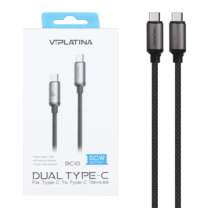 کابل شارژ فست VIPLATINA Type-C To Type-C مدل BC10 60W - مشکی (گارانتی 18 ماه تعویض نیکان همراه) - تصویر 2