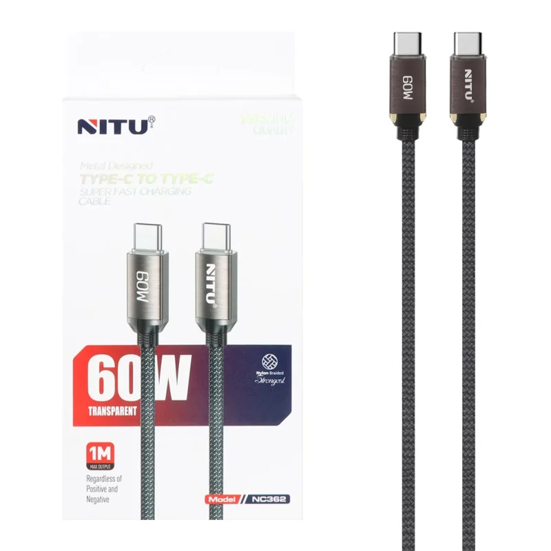 کابل شارژ فست Nitu Type-C To Type-C مدل NC362 60W - مشکی (گارانتی 18 ماه تعویض نیکان همراه) - تصویر 2