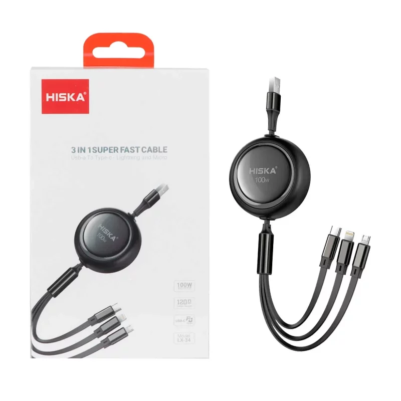 کابل شارژ PD و فست سه کاره Hiska مدل LX-34 100W - مشکی - تصویر 2