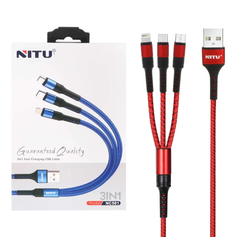 کابل شارژ و دیتا فست کنفی 1.2 متری سه کاره Nitu مدل NC501 - قرمز (گارانتی 18 ماه تعویض نیکان همراه) - تصویر 2