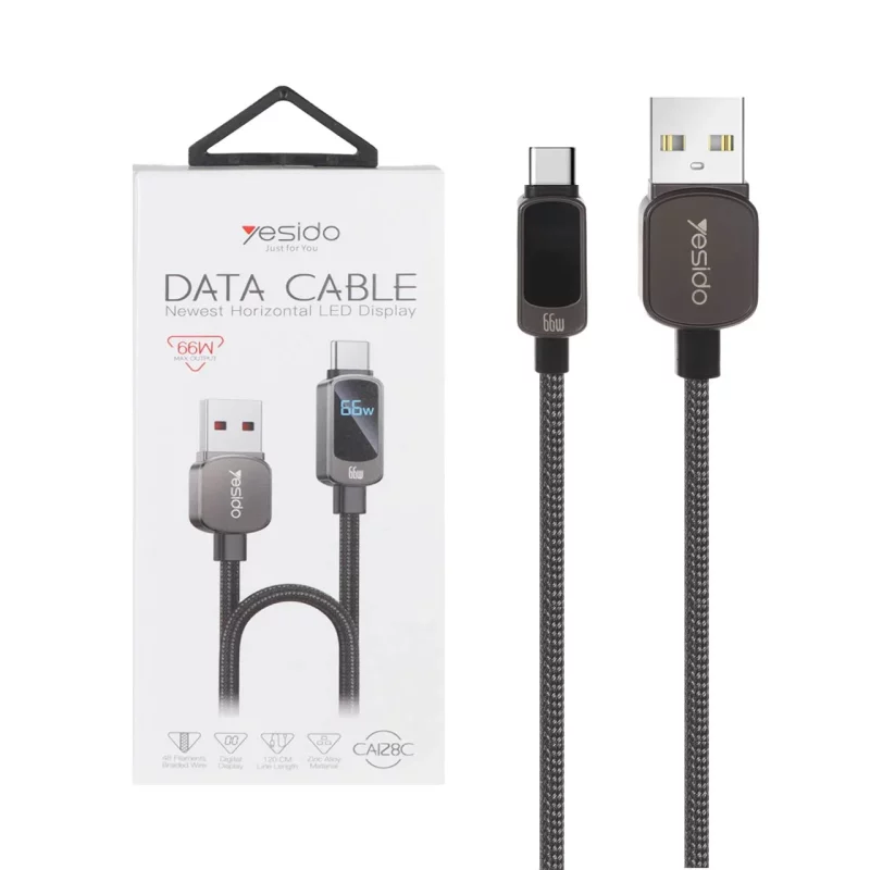 کابل شارژ 1.2 متری فست Yesido Type-C دارای نمایشگر LED مدل CA128C 66W - مشکی (گارانتی 18 ماه تعویض نیکان همراه) - تصویر 2