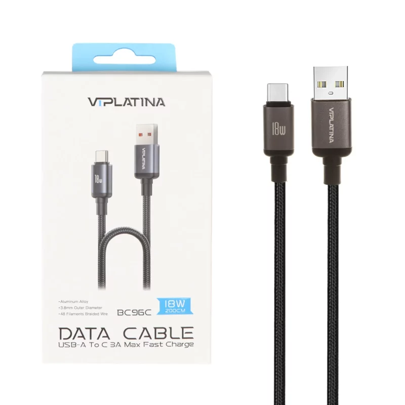 کابل شارژ فست 2 متری VIPLATINA Type-C مدل BC96C - مشکی (گارانتی 18 ماه تعویض نیکان همراه) - تصویر 2