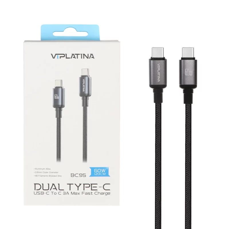 کابل شارژ فست 1.2 متری VIPLATINA Type-C To Type-C مدل BC95 60W - مشکی (گارانتی 18 ماه تعویض نیکان همراه) - تصویر 2