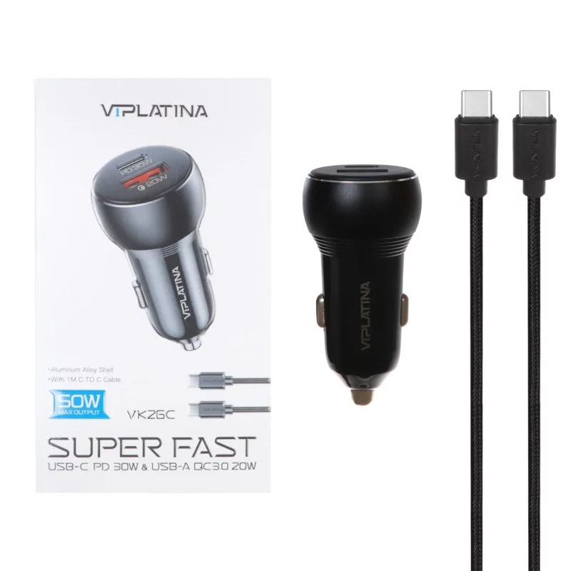 شارژر فندکی PD و فست دو پورت VIPLATINA مدل VK26C 50W به همراه کابل شارژ Type-C To Type-C - مشکی (گارانتی 18 ماه تعویض نیکان همراه) - تصویر 2