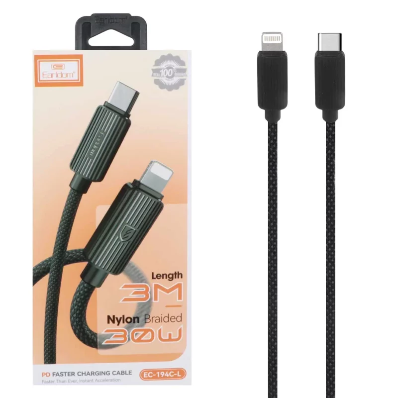 کابل شارژ 3 متری PD و فست Earldom Type-C To Lightning مدل EC-194C-L 30W - مشکی - تصویر 2