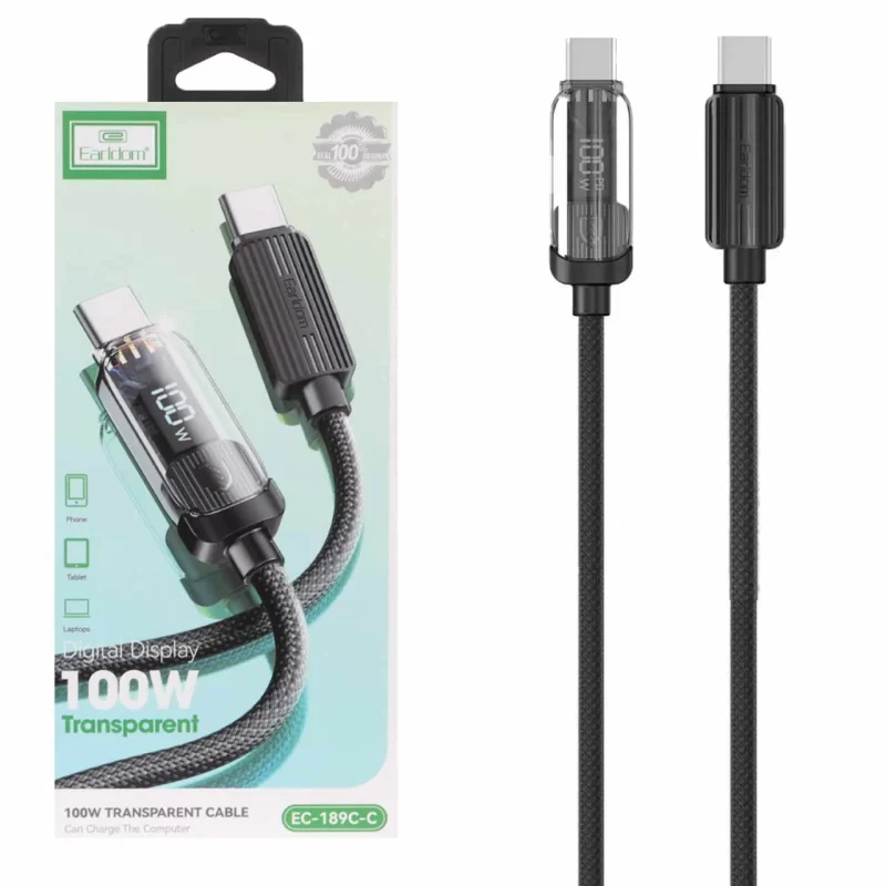 کابل شارژودیتا PD و فست 1 متری Earldom Type-C To Type-C مدل EC-189C-C 100W - مشکی(دارای نمایشگر LED ولتاژ) - تصویر 2