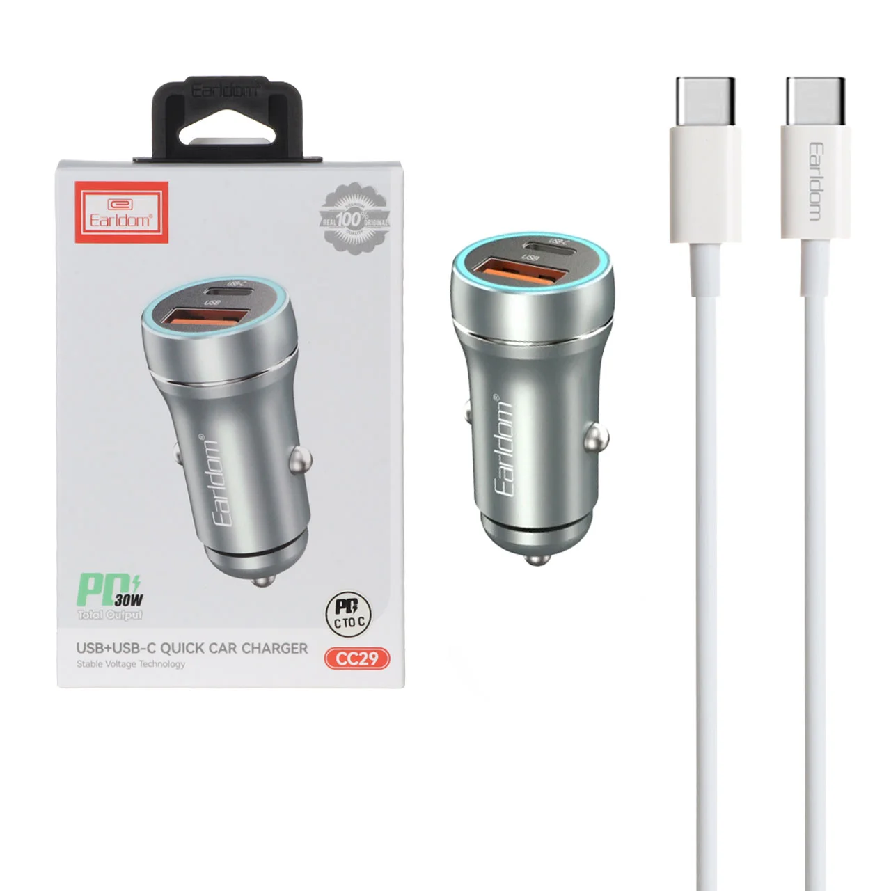 1587-1582720-1 شارژر فندکی PD و فست دو پورت Earldom مدل CC29 30W به همراه کابل شارژ Type-C To Type-C - سبز - تصویر 1