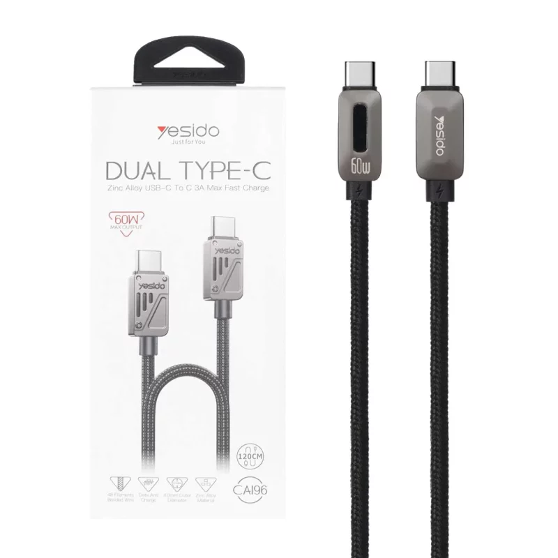 کابل شارژ و دیتا 1.2 متری فست کنفی Yesido Type-C To Type-C مدل CA198 60W - مشکی (گارانتی 18 ماه تعویض نیکان همراه) - تصویر 2