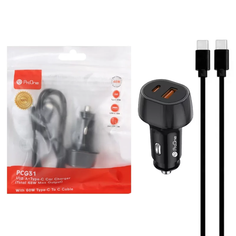 شارژر فندکی فست دو پورت ProOne مدل PCG31 48w به همراه کابل شارژ Type-C To Type-C - مشکی - تصویر 2
