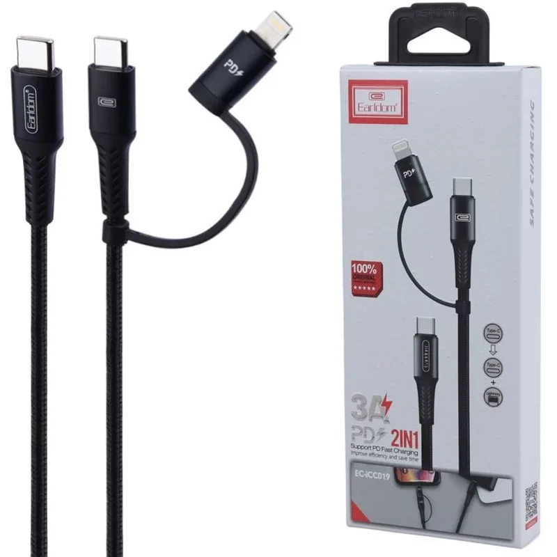 کابل شارژ 2 کاره PD و فست Earldom Type-C to Type-C & Lightning مدل EC-icc019 - مشکی - تصویر 2