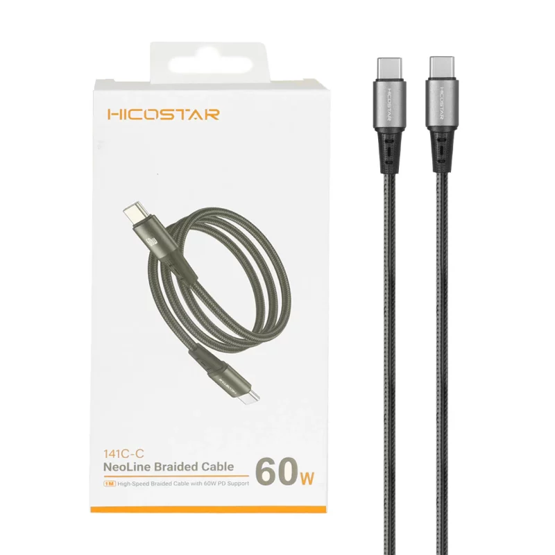کابل شارژ PD و فست Hicostar Type-C to Type-C مدل 141C-C 60W - مشکی - تصویر 2