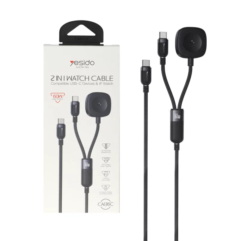 کابل شارژ 1.2 متری فست Type-C to Type-C و شارژر وایرلس yesido مدل CA136C 60W - مشکی (گارانتی 18 ماه تعویض نیکان همراه) - تصویر 2