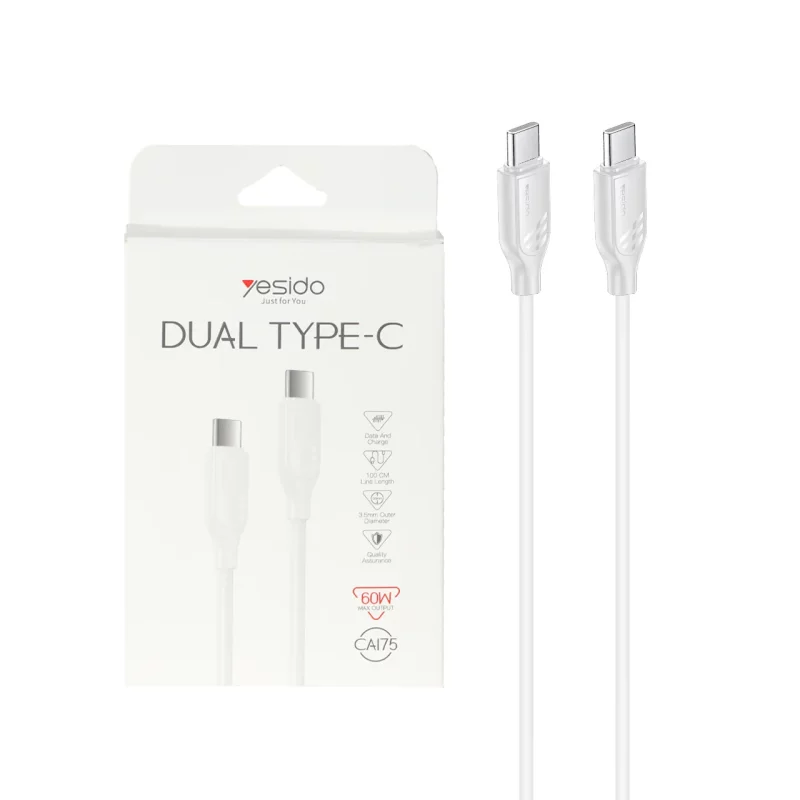 کابل شارژ فست Yesido Type-C To Type-C مدل CA175 60W - سفید (گارانتی 18 ماه تعویض نیکان همراه) - تصویر 2