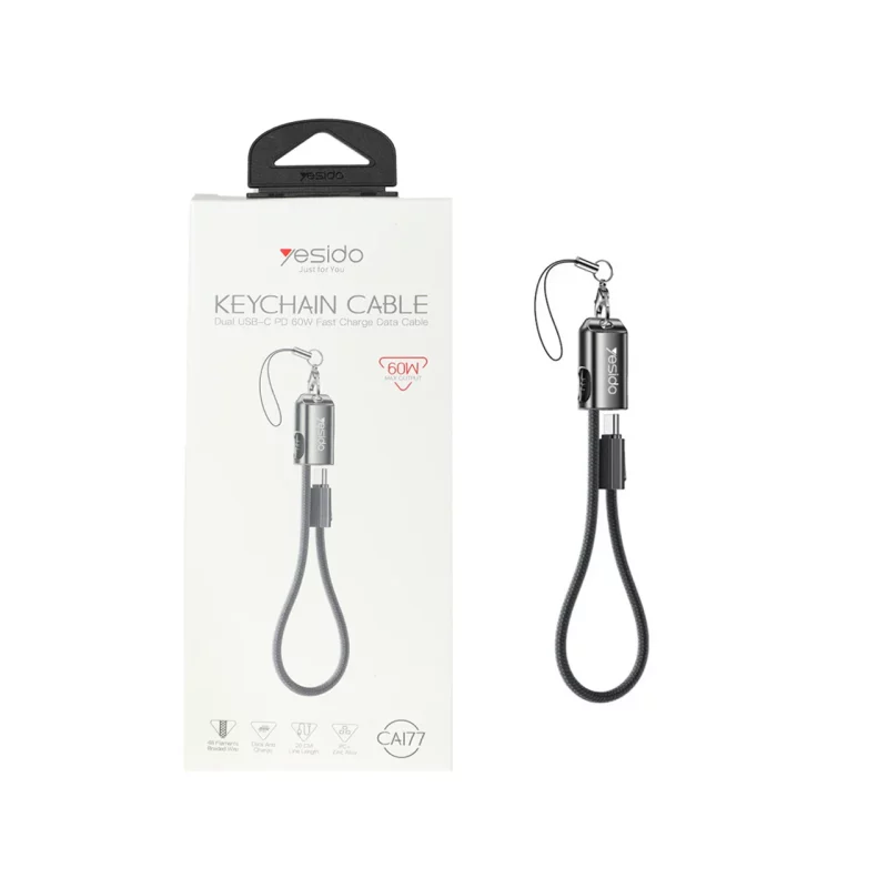 کابل شارژ فست 20 سانتی Yesido Type-C To Type-C و جاسوئیچی مدل CA177 60W - مشکی (گارانتی 18 ماه تعویض نیکان همراه) - تصویر 2