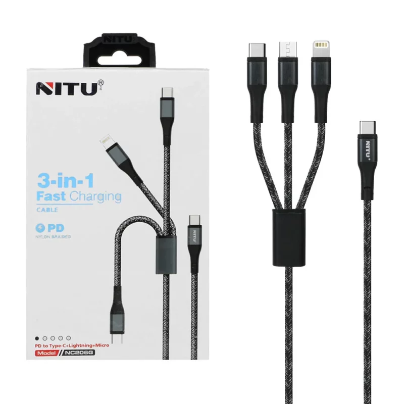 کابل شارژ و دیتا PD و فست 1.2متری سه کاره NITU مدل NC206G - مشکی سفید (گارانتی 18 ماه تعویض نیکان همراه) - تصویر 2