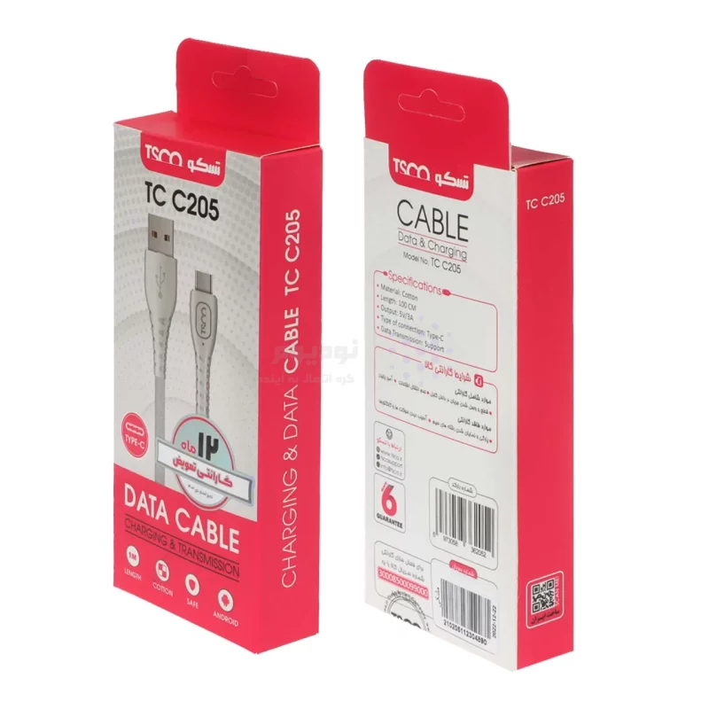 کابل شارژ و دیتا فست نخی TSCO Type-C مدل TCC 205 - مشکی(گارانتی 12 ماهه TSCO) - تصویر 3