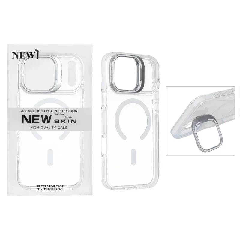 قاب اورجینال New Skin شفاف کریستالی MagSafe لنز استندشو Apple iPhone 17 Pro Max - سفید (پک دار) - تصویر 2