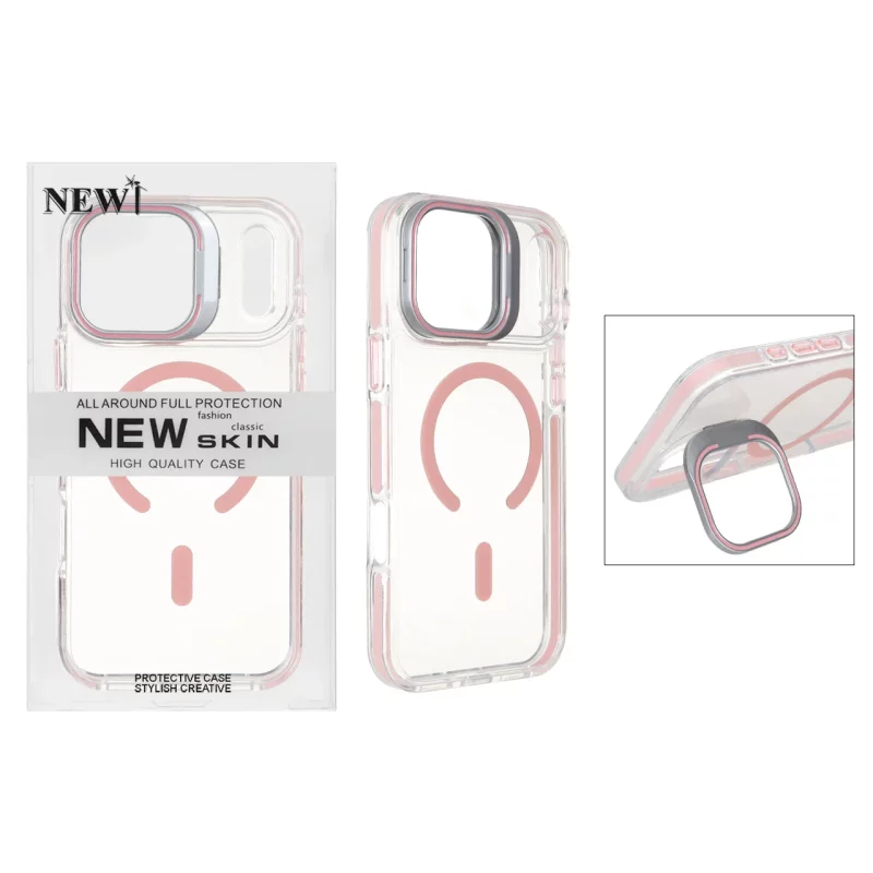 قاب اورجینال New Skin شفاف کریستالی MagSafe لنز استندشو Apple iPhone 17 Pro Max - صورتی (پک دار) - تصویر 2