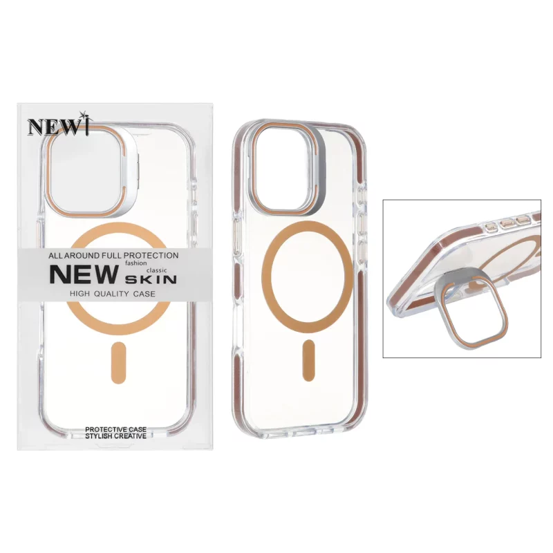 قاب اورجینال New Skin شفاف کریستالی MagSafe لنز استندشو Apple iPhone 17 - صحرایی (پک دار) - تصویر 2