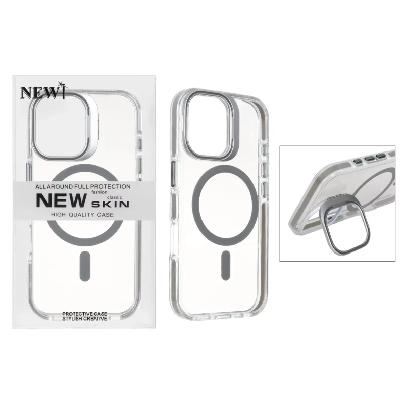 قاب اورجینال New Skin شفاف کریستالی MagSafe لنز استندشو Apple iPhone 17 - خاکستری (پک دار) - تصویر 2