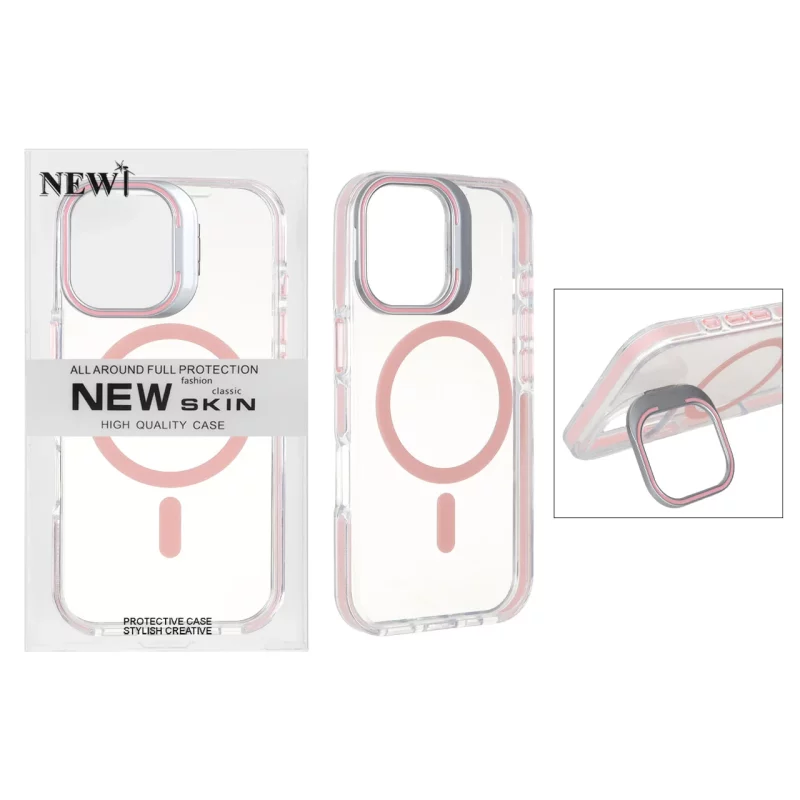 قاب اورجینال New Skin شفاف کریستالی MagSafe لنز استندشو Apple iPhone 17 - صورتی (پک دار) - تصویر 2