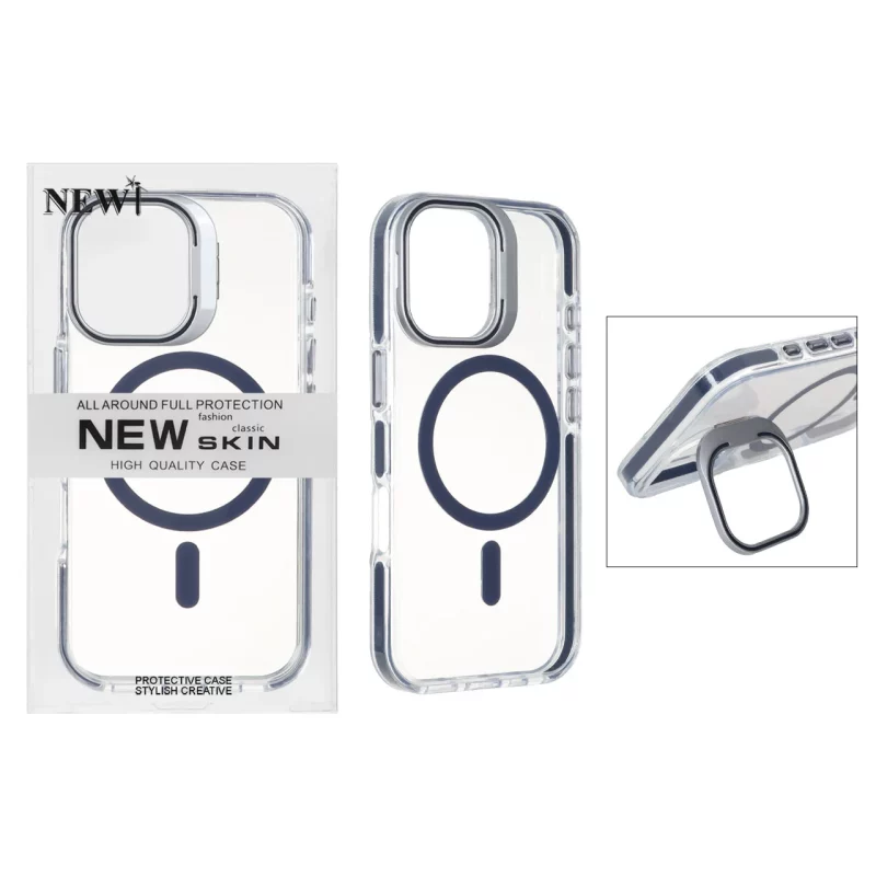 قاب اورجینال New Skin شفاف کریستالی MagSafe لنز استندشو Apple iPhone 17 - سرمه ای (پک دار) - تصویر 2