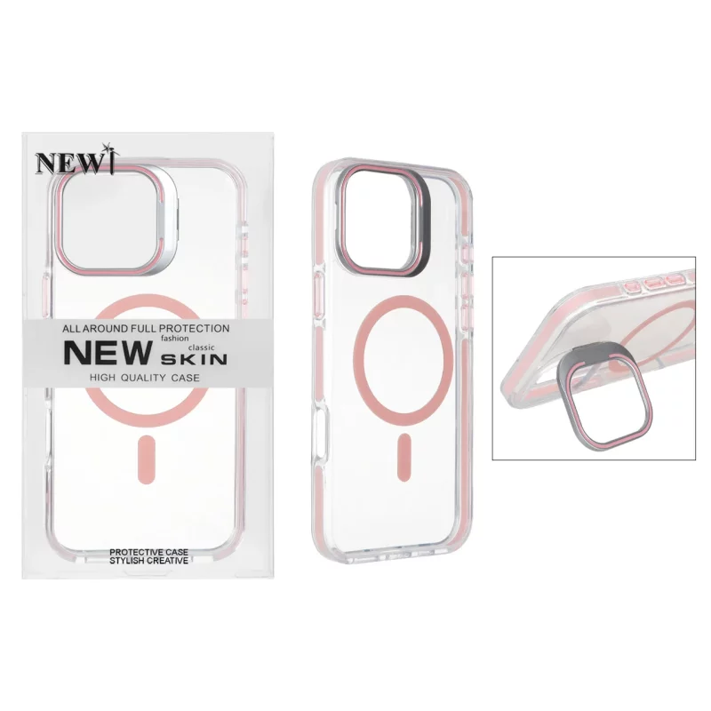 قاب اورجینال New Skin شفاف کریستالی MagSafe لنز استندشو Apple iPhone 16 Pro Max - صورتی (پک دار) - تصویر 2