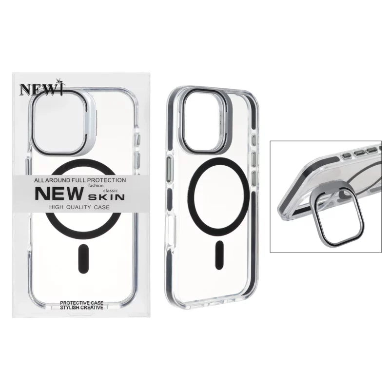 قاب اورجینال New Skin شفاف کریستالی MagSafe لنز استندشو Apple iPhone 16 - مشکی (پک دار) - تصویر 2