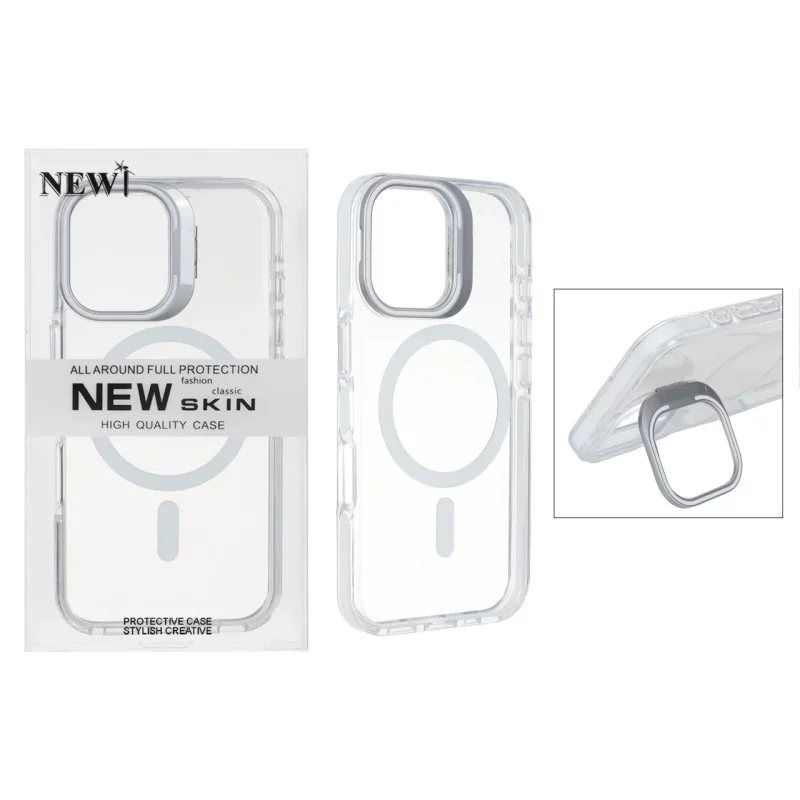 قاب اورجینال New Skin شفاف کریستالی MagSafe لنز استندشو Apple iPhone 16 - سفید (پک دار) - تصویر 2