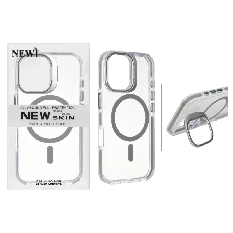 قاب اورجینال New Skin شفاف کریستالی MagSafe لنز استندشو Apple iPhone 16 - خاکستری (پک دار) - تصویر 2