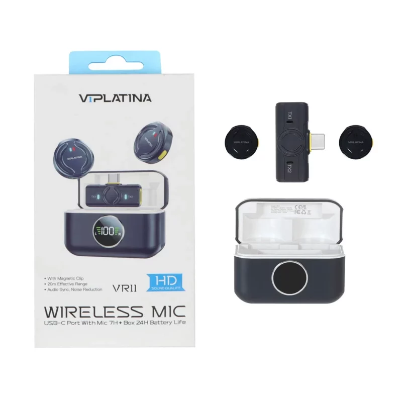 میکروفون بی سیم یقه ای با کیس شارژ VIPLATINA Type-C مدل VR11 - مشکی (گارانتی 18 ماه تعویض نیکان همراه) - تصویر 2