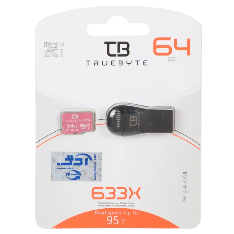 (گارانتی مادام‌العمر شرکت آی تین) TRUEBYTE microSDXC & Card Reader U3 Class 10 633X -95MB/s - 64GB - تصویر 2
