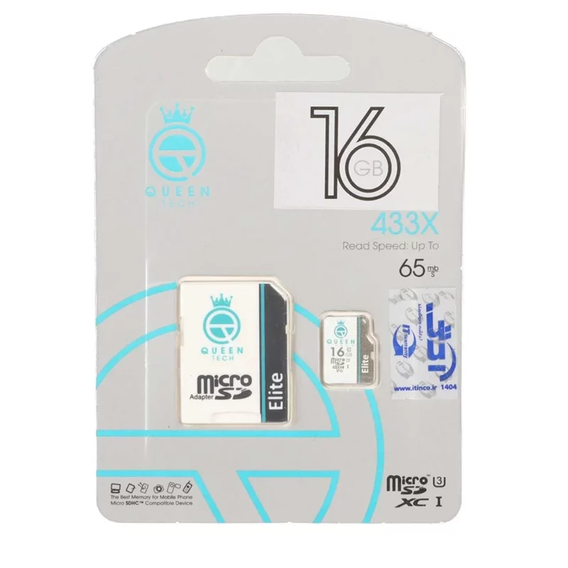 Queen tech microSDXC & adapter U3 Class 10 433X -65MB/s-16GB مشکی سفید - تصویر 2