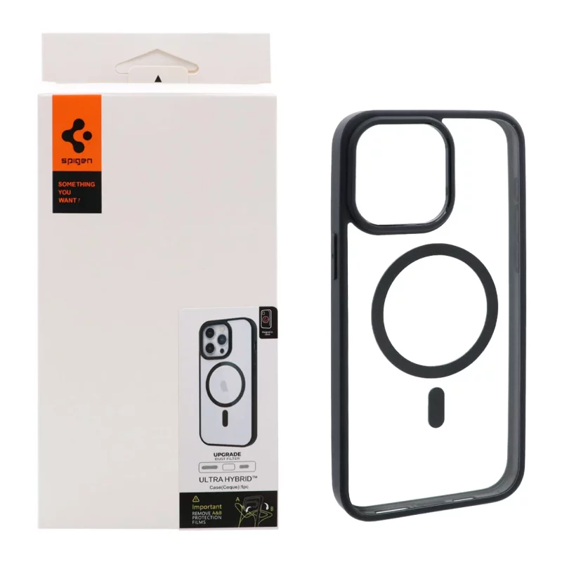 قاب اورجینال Magsafe Spigen با توری اسپیکر فلزی Apple iPhone 15 Pro Max - شفاف مشکی (پک دار) - تصویر 2