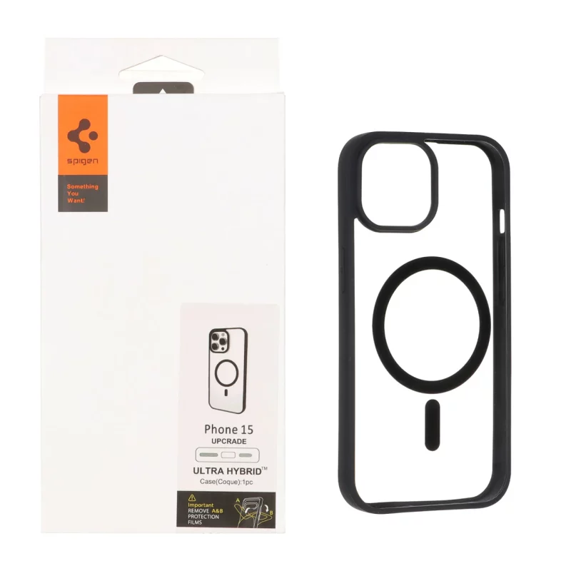قاب اورجینال Magsafe Spigen با توری اسپیکر فلزی Apple iPhone 15 / iPhone 14 / iPhone 13 - شفاف مشکی (پک دار) - تصویر 2