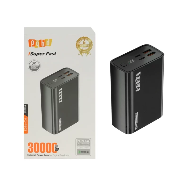 پاوربانک PD و فست شارژ pqbd 30000mAh مدل PQ-PB03 22.5W - مشکی - تصویر 2