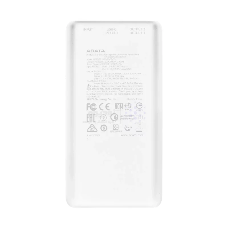 پاوربانک (PD و فست شارژ) Adata 18W 20000mAh مدل P20000QCD - سفید - تصویر 3