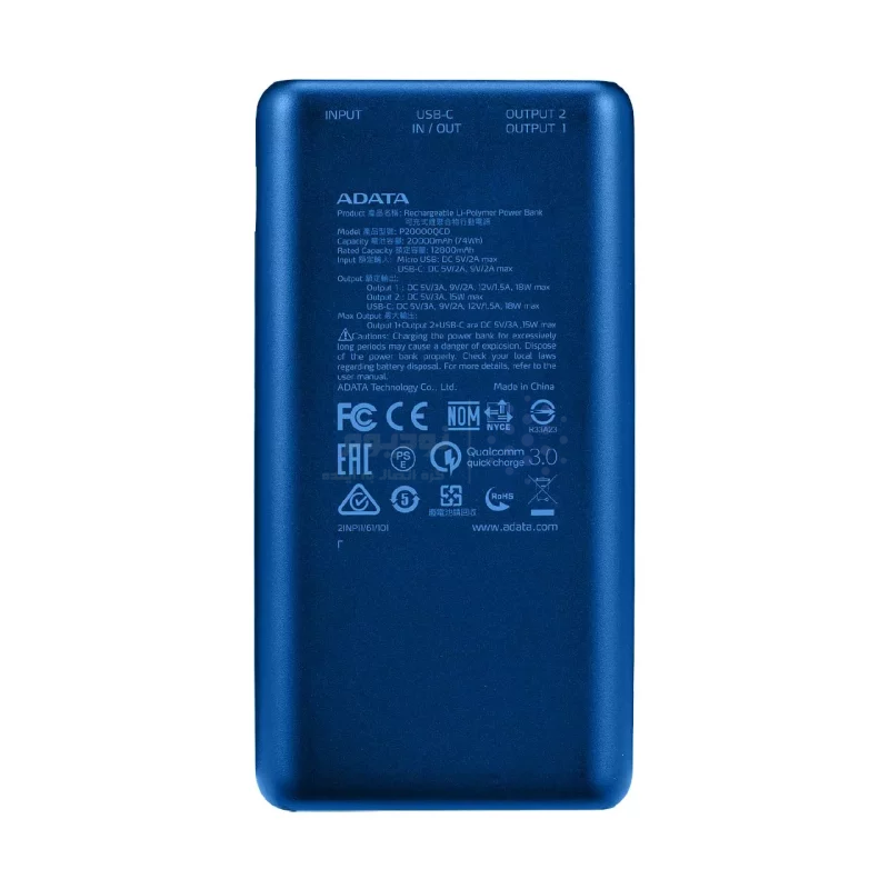 پاوربانک (PD و فست شارژ) Adata 18W 20000mAh مدل P20000QCD - سرمه ای (گارانتی آونگ) - تصویر 6