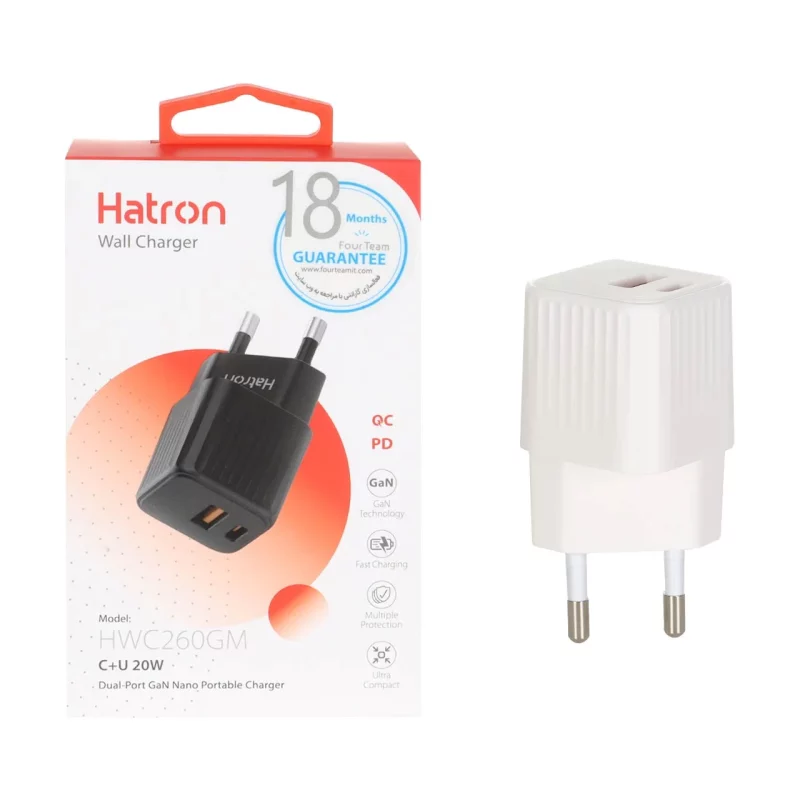شارژر دیواری فست و PD دو پورت Hatron مدل HWC260GM 20W - سفید - تصویر 2