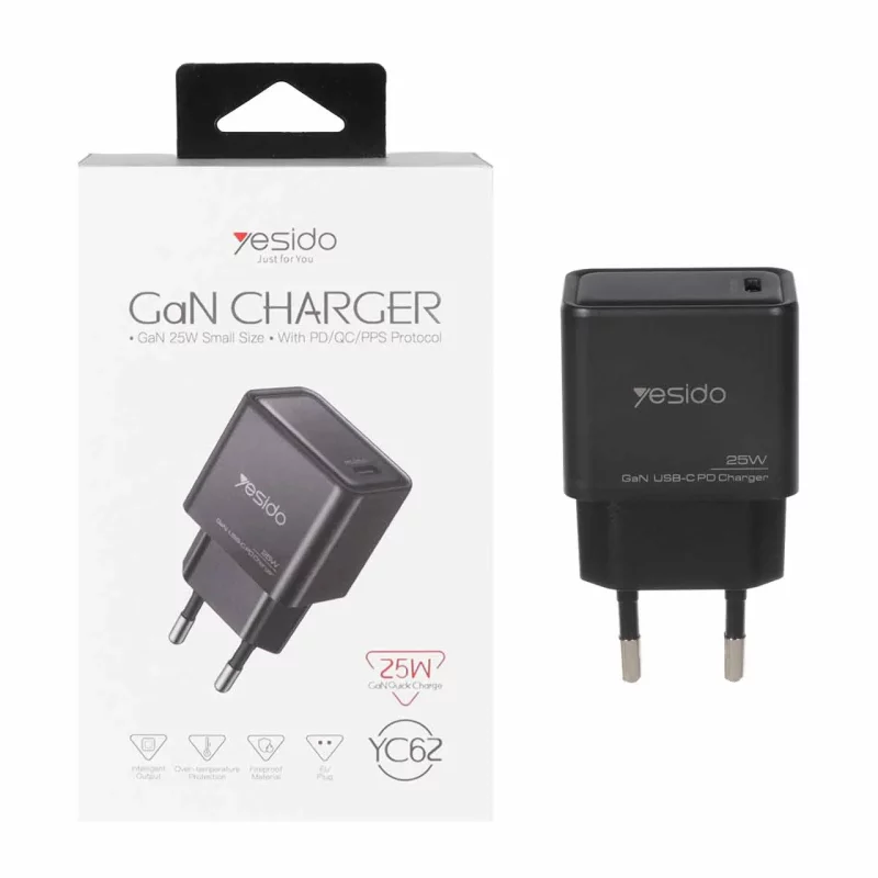 شارژر دیواری PD و فست تک پورت Yesido مدل YC62 25W - مشکی (گارانتی 18 ماه تعویض نیکان همراه) - تصویر 2