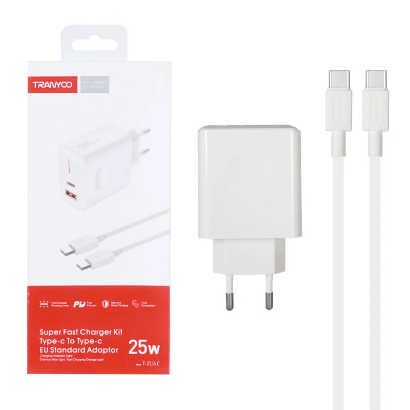 شارژر دیواری PD و فست دو پورت Tranyoo مدل T-EU6 C 25W به همراه کابل شارژ Type-C to Type-C - سفید - تصویر 2